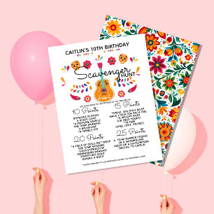 verjaardag scavenger hunt spel kids fiesta feest aankondigingskaart