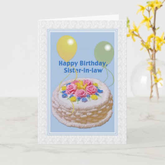 Verjaardag, schoonzus, taart en ballonnen kaart (Gele Bloem)