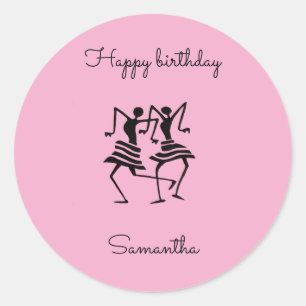 Verjaardag Silhouette Celebration Dancers Pink Ronde Sticker