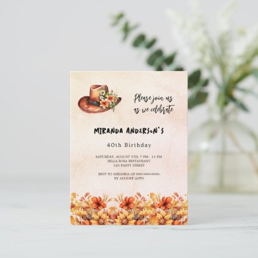 Verjaardag sinaasappel bloemen boho cowgirl pet uitnodiging briefkaart (Staand voorkant)