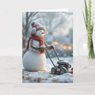 Verjaardag Sneeuwman Pushing Een Grasmaaier Kaart