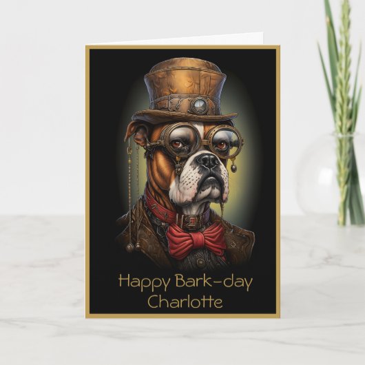 Verjaardag Steampunk Boxer Dog Custom Naam Tekst 1 Kaart (Voorkant)
