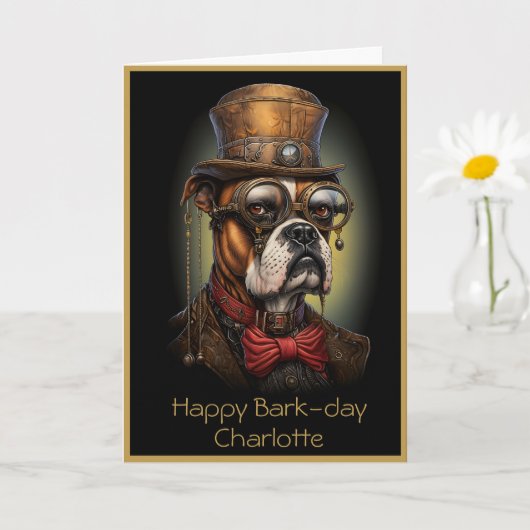 Verjaardag Steampunk Boxer Dog Custom Naam Tekst 1 Kaart (Kleine Plant)