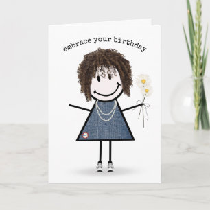Verjaardag Stick Figure Meisje met Madeliefjes Kaart