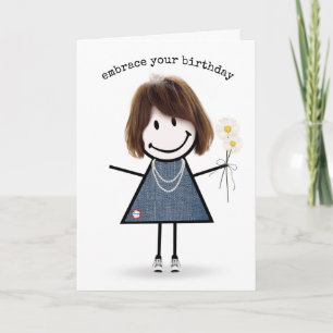 Verjaardag Stick Figure Meisje met Madeliefjes Kaart