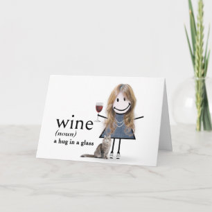 Verjaardag Stick Figure Meisje Met Wijn En Kat Kaart