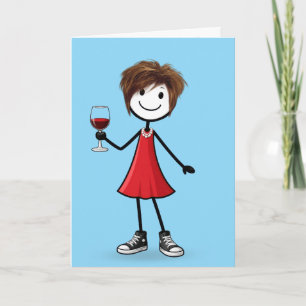 Verjaardag Stick Figure Meisje met Wijn Glas Kaart