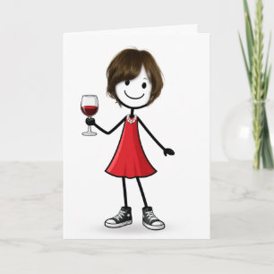 Verjaardag Stick Figure Meisje met Wijn Glas Kaart