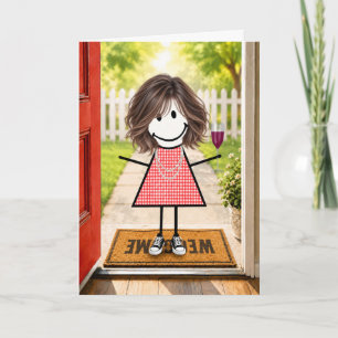 Verjaardag Stick Figure Meisje Met Wijn Glas Kaart