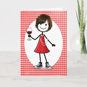 Verjaardag Stick Figure Meisje met Wijn Glas Kaart