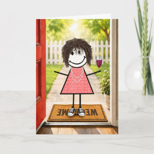 Verjaardag Stick Figure Meisje Met Wijn Glas Kaart