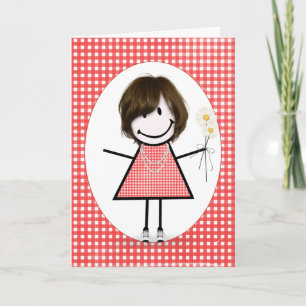 Verjaardag Stick Figure Meisje Op Gingham Kaart