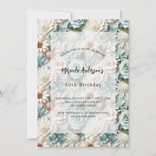 Verjaardag stoffige groene witte bloemenluxe kaart (Voorkant)