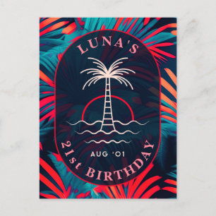 Verjaardag Strand feest Palmboom bladeren zonsonde Briefkaart