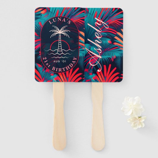 Verjaardag Strand feest Palmboom bladeren zonsonde Handwaaier (Voorkant en achterkant)