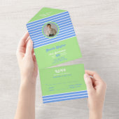 Verjaardag Stripes Blauw⎮Wit Groen All In One Uitnodiging (Afscheurbaar)