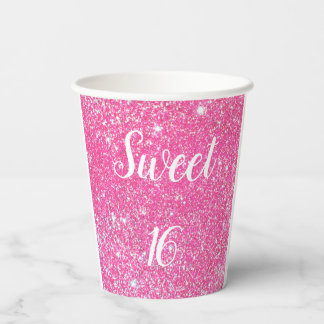 VERJAARDAG SWEET 16 Glans Roze Glitter Papieren Bekers