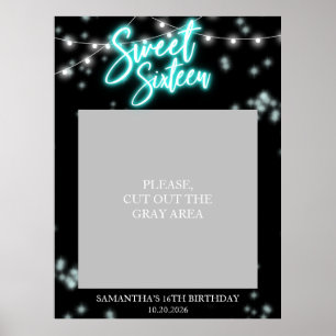 Verjaardag Sweet 16 Teal Neon Glow Donker Feest Poster
