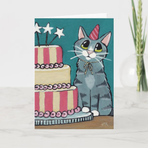 Verjaardag Tabby Cat and Cake schilderij Wenskaart Kaart