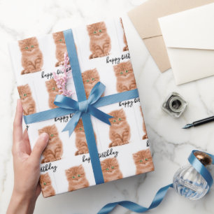 Verjaardag Tabby Poesje Op Wit Cadeaupapier