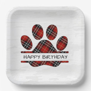 Verjaardag Tartan Plaid Paw Print Papieren Bordje