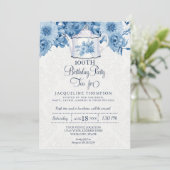 Verjaardag Tea Party Navy Blauw Wit Bloemen Kaart (Staand voorkant)