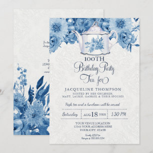 Verjaardag Tea Party Navy Blauw Wit Bloemen Kaart