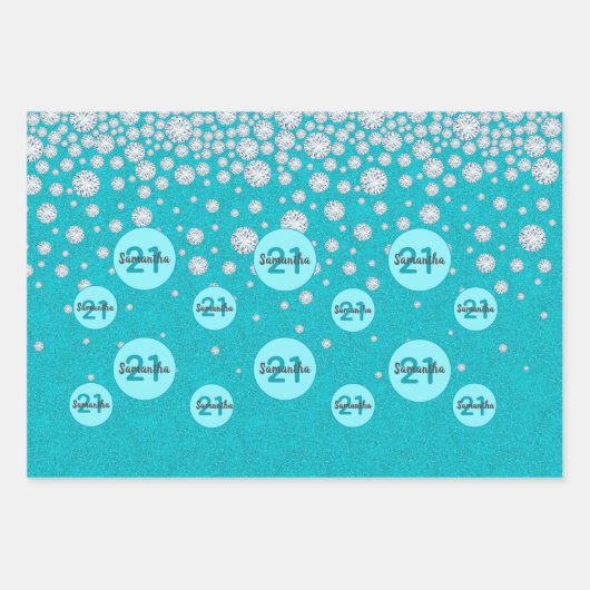 Verjaardag turquoise glitters groen monogram luxue inpakpapier vel (Voorkant)