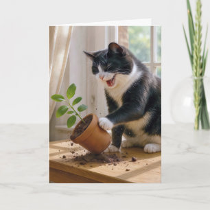 Verjaardag Tuxedo Cat Knocking Over een Plant Kaart