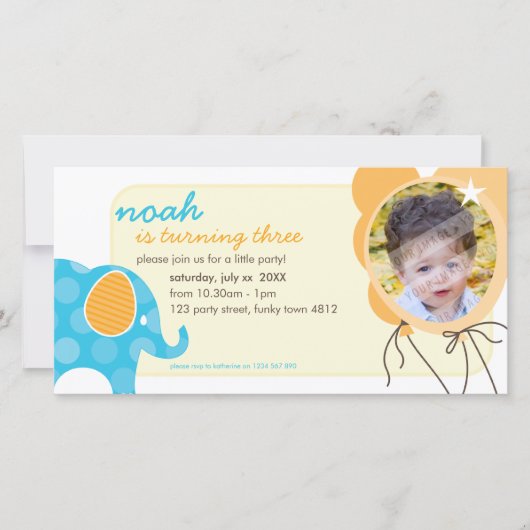 VERJAARDAG UITNODIGEN FOTOKAART :: olifant + ballo (Voorkant)