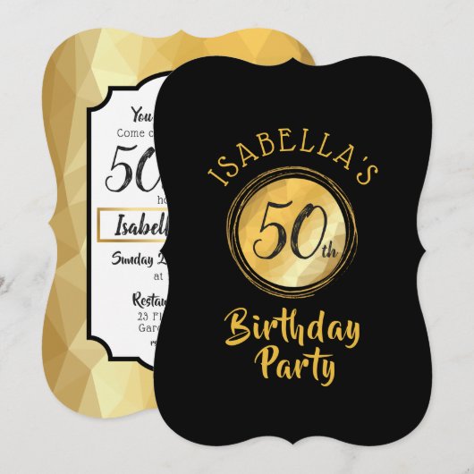 Verjaardag uitnodiging in goud metallic effect pol (Voorkant / Achterkant)