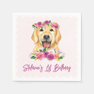 Verjaardag van Cute Golden Retriever en Paarse Blo Servet