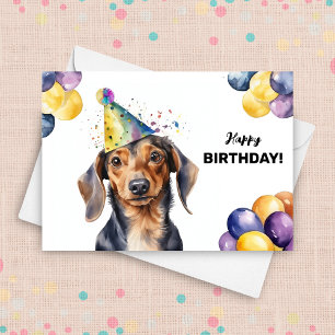 Verjaardag van de Dachshund-hond met ballonnen en Kaart