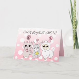 Verjaardag van de grillige lama, kitten en muis me kaart