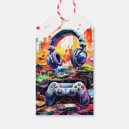 Verjaardag van de Video Controller en hoofdtelefoo Cadeaulabel (Voorkant)