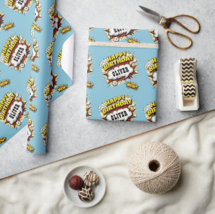 Verjaardag van superhelden jongen naam in comic st cadeaupapier