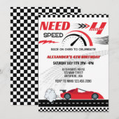 Verjaardag van vier speed rode raceauto's nodig kaart (Voorkant / Achterkant)