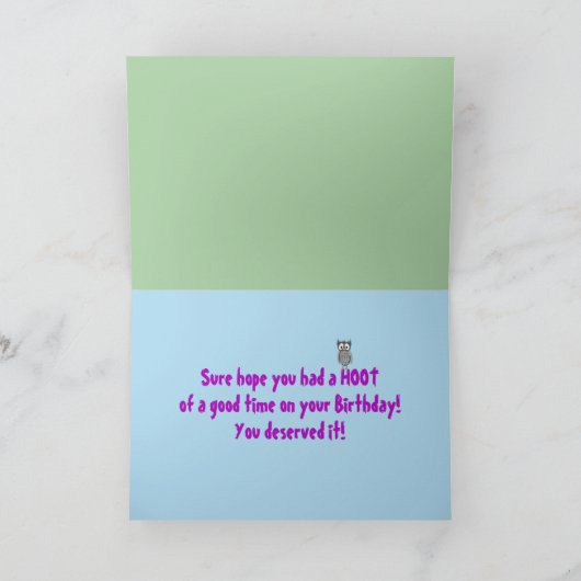 Verjaardag, Verlaat, Grote Uil, Zonnebril, Hoot! Kaart (Binnen)