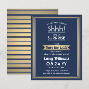 Verjaardag verrassingsfeest Shhh! Marine blauw en Save The Date
