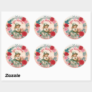 Verjaardag Vintage Meisje In Rozen Frame Ronde Sticker