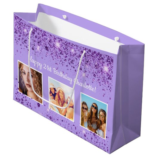 Verjaardag violette paarse glitter naam groot cadeauzakje (Voorkant Gekanteld)