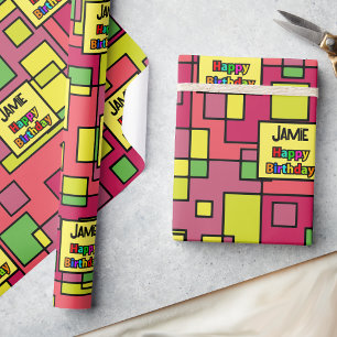 Verjaardag Voeg Naam Retro Kleur Pop Custom Cadeaupapier