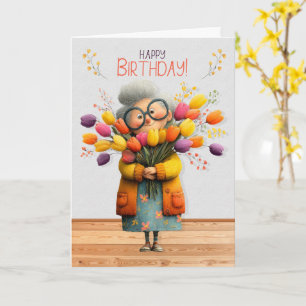 Verjaardag voor haar schattige oude vrouw met tulp kaart