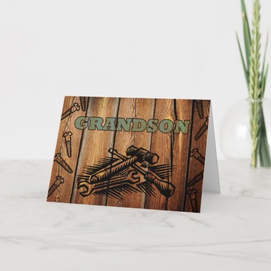 Verjaardag voor kleinzoon, gereedschap en hout kaart (Voorkant)