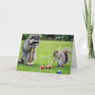 Verjaardag Wasbeer en Eekhoorn Spelen Croquet Kaart