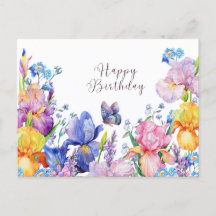 Verjaardag waterverf iris bloemen en tuin