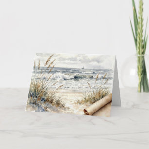 Verjaardag Waterverf Oceaan Strand met Gekrulde Pa Kaart