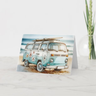 Verjaardag Waterverf Retro Campervan met Surfboard Kaart