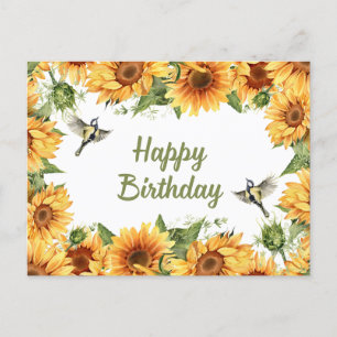 Verjaardag Waterverf Zonnebloemen & Vogels Briefkaart