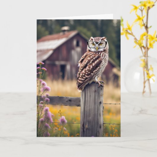 Verjaardag Wijze Uil Op Omheining Post Kaart (Gele Bloem)